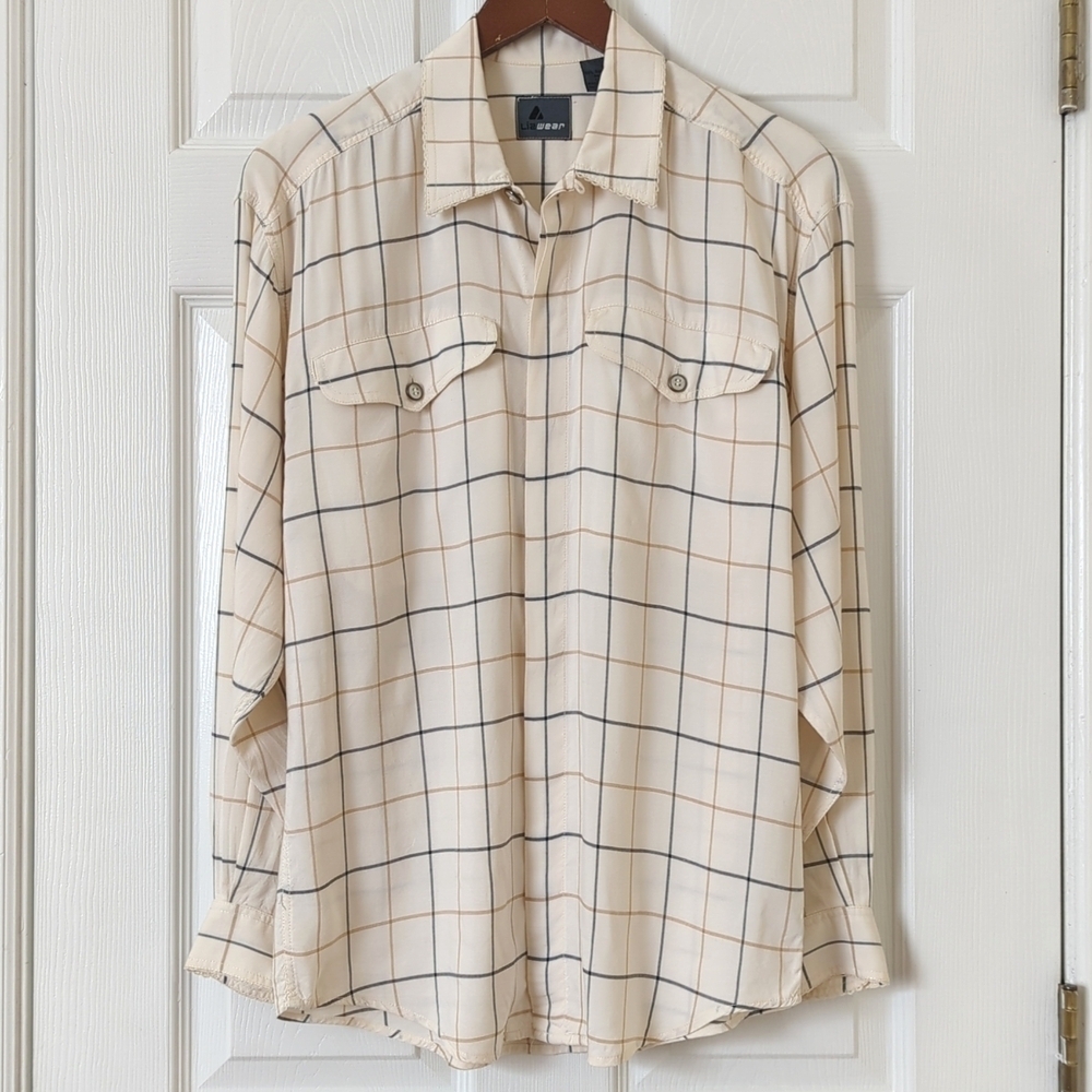 Liz Wear 90's Vintage Windowpane Plaid Long Sleeve Button Down Shirt Cream Small